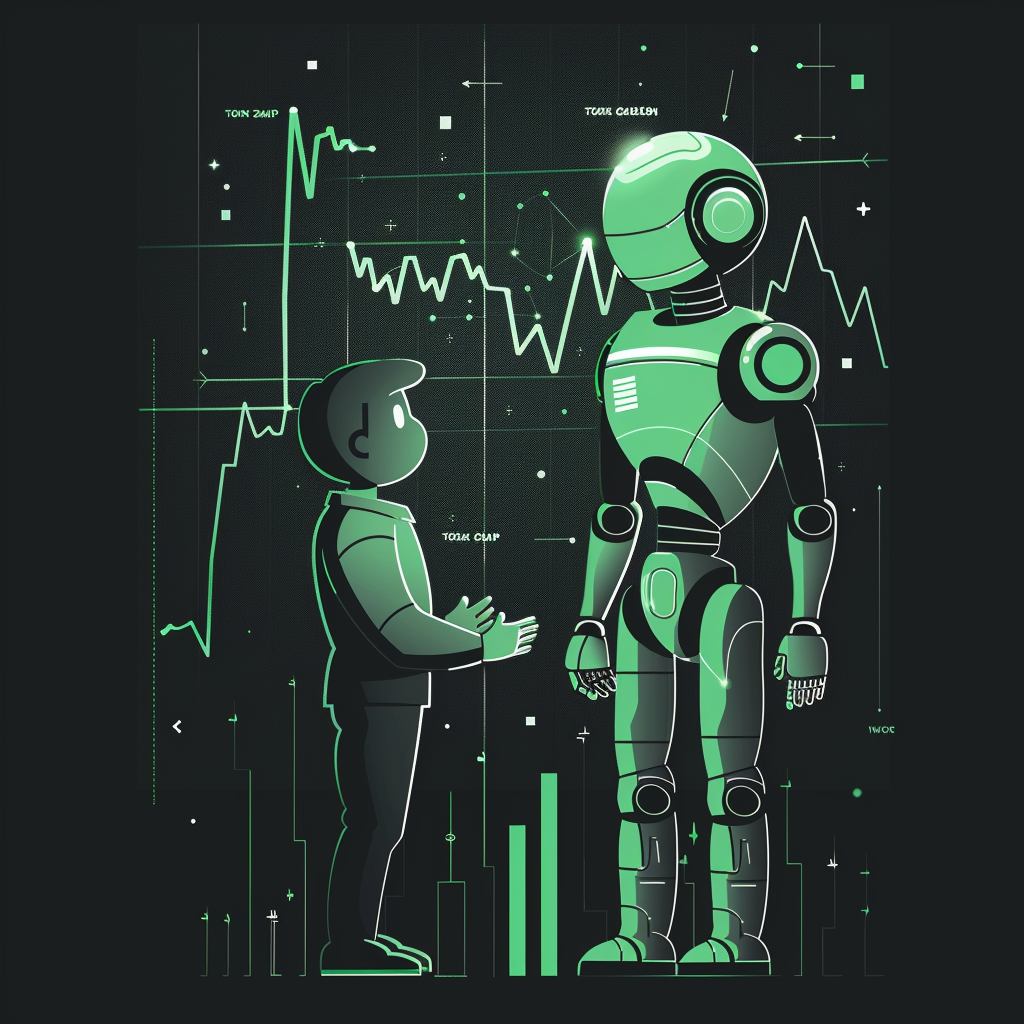 A cartoon of a person talking to a AI Assistant about trading in the market. Stock prices are flying are in the background.